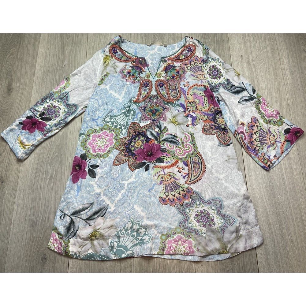 Soft Surroundings Shirt Top Tunic Large Beaded Paisley‎ Floral Beach Boho Resort